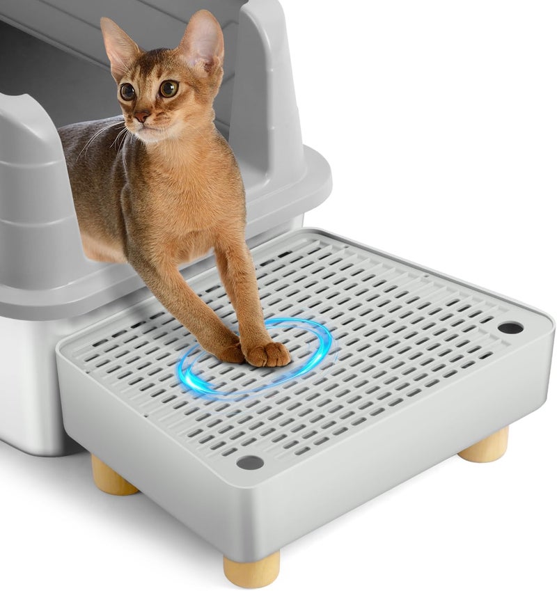 Bartuke Extra Large Cat Litter Box Step Ramp, Cat's Litter Catcher Mat with Wooden Feet, Filter Function, Pedal Stool for Self-Cleaning Cat Litter Box, Ideal for Kitten & Elderly Cats (Light Grey) - Image 1